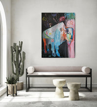Load image into Gallery viewer, A colorful abstract painting on canvas of a buffalo hanging on a white wall above a modern bench in a styled living room setting.