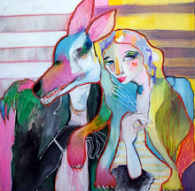 Load image into Gallery viewer, Colorful abstract painting of a woman and a dog with a striped background and bright pink accents