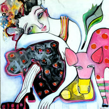 Load image into Gallery viewer, Colorful figurative abstract painting by Liz Vaughn, with a woman and a pink fantasy animal with red polka dots and green stripes