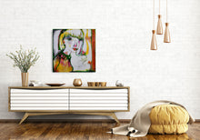 Load image into Gallery viewer, Modern living room with a wooden console table, decorative pillows, and a colorful painting on the wall.