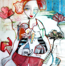 Load image into Gallery viewer, Colorful abstract painting of a woman with red flowers, and red shoes
