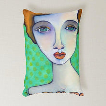 Load image into Gallery viewer, Artful printed lumbar pillow with two separate designs. 12" x 16"