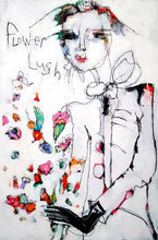 Load image into Gallery viewer, Abstract figurative painting on white back ground with colored flowers and a black glove.