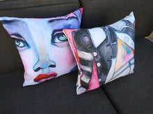 Load image into Gallery viewer, Artful Pillow, OUTDOOR, 16" x 16", "Lost and Found" side 1 "The Fabrication" side 2