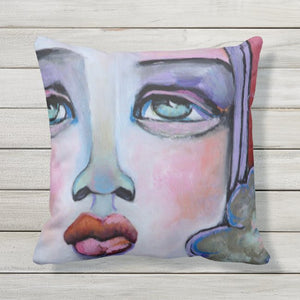 Artful Pillow, OUTDOOR, 16" x 16", "Lost and Found" side 1 "The Fabrication" side 2