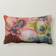 Load image into Gallery viewer, Artful Pillow, home accent, 13" x 21" lumbar, "Red Flower Garden" horizontal side 1 "High Desert Beauty" side 2