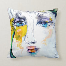 Load image into Gallery viewer, Artful Pillow, home accent, 16" x 16", "Abstracting Yellow" side 1, "The Show" side 2