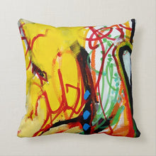 Load image into Gallery viewer, Artful Pillow, home accent, 16&quot; x 16&quot;, &quot;Abstracting Yellow&quot; side 1, &quot;The Show&quot; side 2
