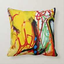Load image into Gallery viewer, Artful Pillow, home accent, 16" x 16", "Abstracting Yellow" side 1, "The Show" side 2