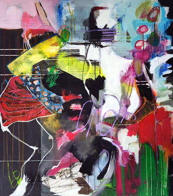 Abstract artwork with vibrant colors and dynamic shapes, primarily black background, with bright reds.