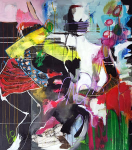 Abstract artwork with vibrant colors and dynamic shapes, primarily black background, with bright reds.
