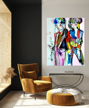 Load image into Gallery viewer, Modern interior with a colorful abstract painting of two figures on a wall
