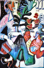 Load image into Gallery viewer, An abstract cubist-style painting depicting two stylized seated figures with bold black, blue, pink, red, green, and white brushstrokes and floral motifs.
