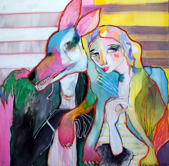 Colorful abstract painting of a woman and a dog with a striped background and bright pink accents