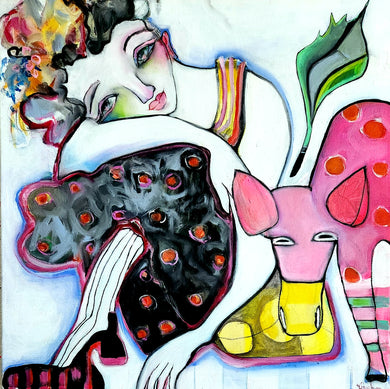 Colorful figurative abstract painting by Liz Vaughn, with a woman and a pink fantasy animal with red polka dots and green stripes