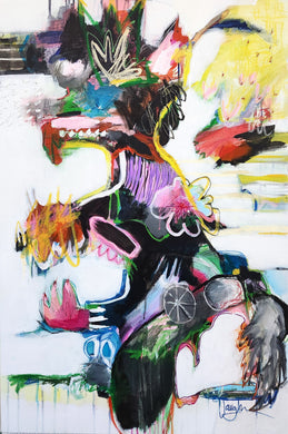 Abstract artwork with vibrant colors and dynamic shapes on a white background