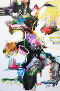 Abstract artwork with vibrant colors and dynamic shapes on a white background