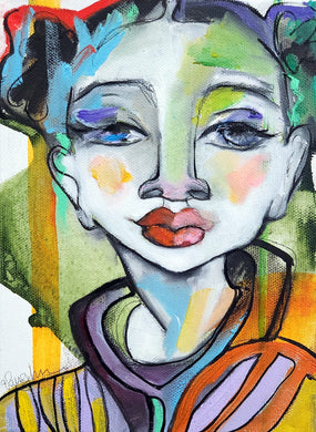 Colorful abstract portrait of a woman with geometric shapes in earth green and orange tones