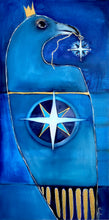 Load image into Gallery viewer, A blue and gold painting of a raven  holding a compass in its beak, with a compass motif on its chest and a small gold crown on its head.
