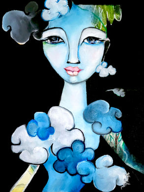 Artistic depiction of a figure with blue and white clouds, against a black background.