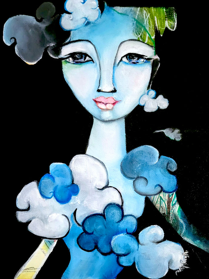 Artistic depiction of a figure with blue and white clouds, against a black background.
