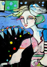 Load image into Gallery viewer, Figurative oil painting of a woman with blue background, floating circus flags, and colored balls
