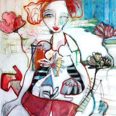Colorful abstract painting of a woman with red flowers, and red shoes 