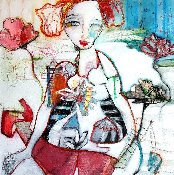 Colorful abstract painting of a woman with red flowers, and red shoes 