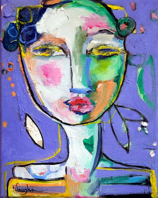 An original oil painting featuring an abstract, colorful portrait of a female face with floral accents, purple background.