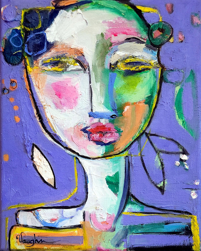 An original oil painting featuring an abstract, colorful portrait of a female face with floral accents, purple background.