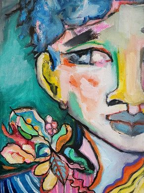 Colorful abstract painting of a masculine face with flowers.  Accented with a darkly lush green and pops of blue.