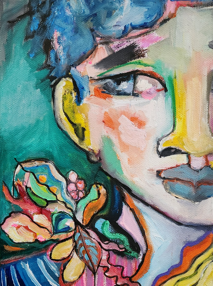 Colorful abstract painting of a masculine face with flowers.  Accented with a darkly lush green and pops of blue.