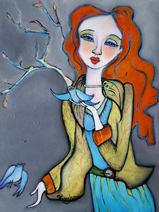 Original painting "Bluebird" oil on birch panel, 6" x 8"
