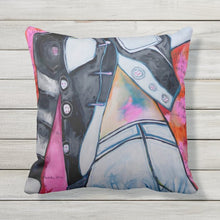 Load image into Gallery viewer, Artful Pillow, OUTDOOR, 16&quot; x 16&quot;, &quot;Lost and Found&quot; side 1 &quot;The Fabrication&quot; side 2
