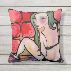 Artful printed outdoor pillow with two separate designs. 16" x 16"