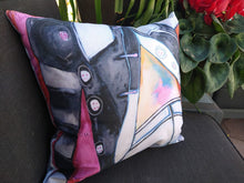 Load image into Gallery viewer, Artful Pillow, OUTDOOR, 16&quot; x 16&quot;, &quot;Lost and Found&quot; side 1 &quot;The Fabrication&quot; side 2
