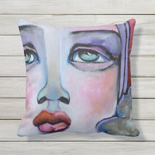 Load image into Gallery viewer, Artful Pillow, OUTDOOR, 16&quot; x 16&quot;, &quot;Lost and Found&quot; side 1 &quot;The Fabrication&quot; side 2
