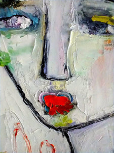 Crop of original painting by Liz Vaughn featuring thick, abstracted gestural style of painting.