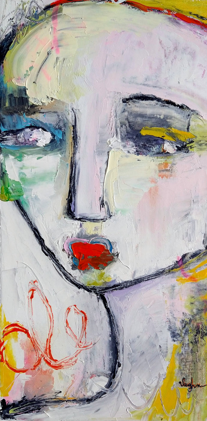 Abstracted figurative painting by Liz Vaughn, featuring palette knife style, graphite pencil, oil paint