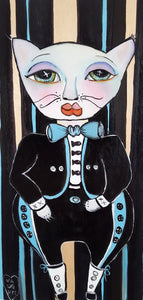 Original painting "Mariachi Gato", oil on birch panel, 6" x 12"
