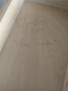 Original painting "Mrs. Trouble", oil on birch panel, 6" x 12"