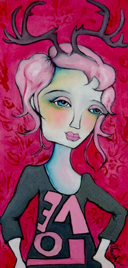 Original oil painting, figurative, female form, antlers, by Liz Vaughn