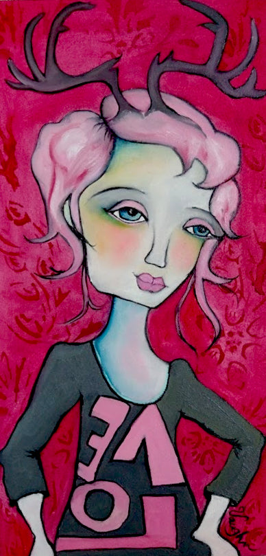 Original oil painting, figurative, female form, antlers, by Liz Vaughn