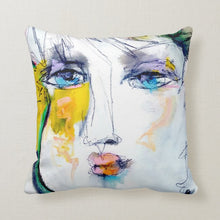 Load image into Gallery viewer, Artful Pillow, home accent, 16&quot; x 16&quot;, &quot;Abstracting Yellow&quot; side 1, &quot;The Show&quot; side 2

