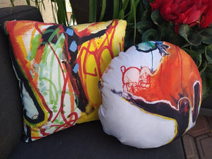 Artful Pillow, home accent, 16" x 16", "Abstracting Yellow" side 1, "The Show" side 2