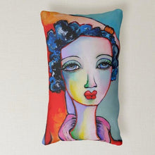 Load image into Gallery viewer, Artful printed lumbar pillow with artwork by Liz Vaughn. 13&quot; x 21&quot;
