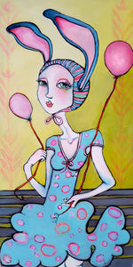 Original painting "Whatever Barb, You Know The Easter Bunny is Real!", oil on birch panel, 6" x 12"